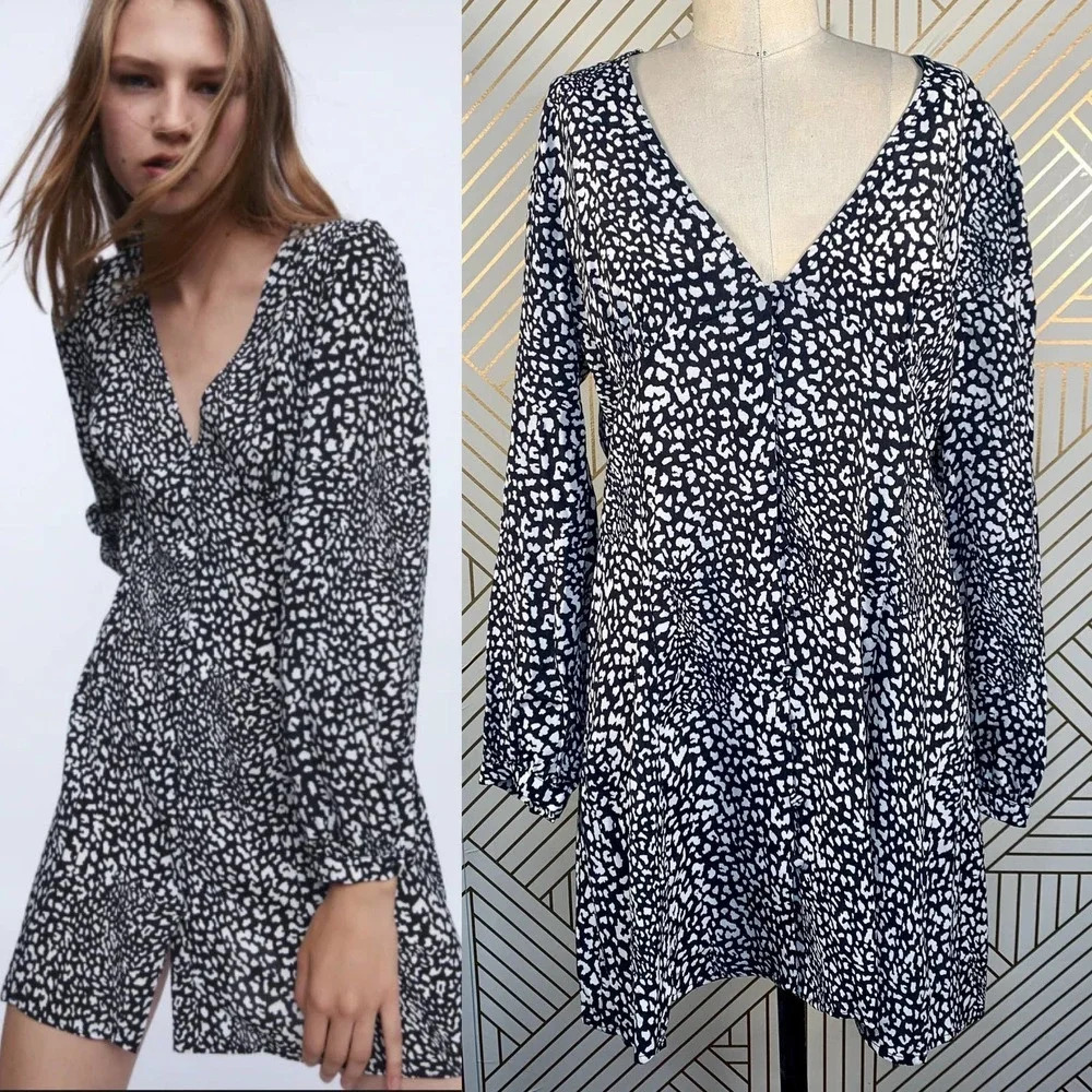Zara Dress Animal Print Leopard‎ Black and White Button Front Size Large